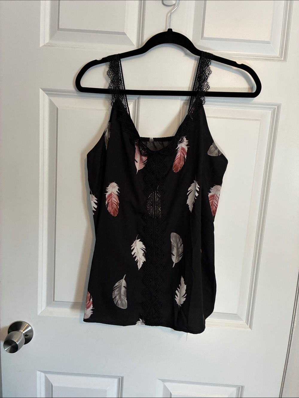 Black Feather-Print Lace-Trim Cami
